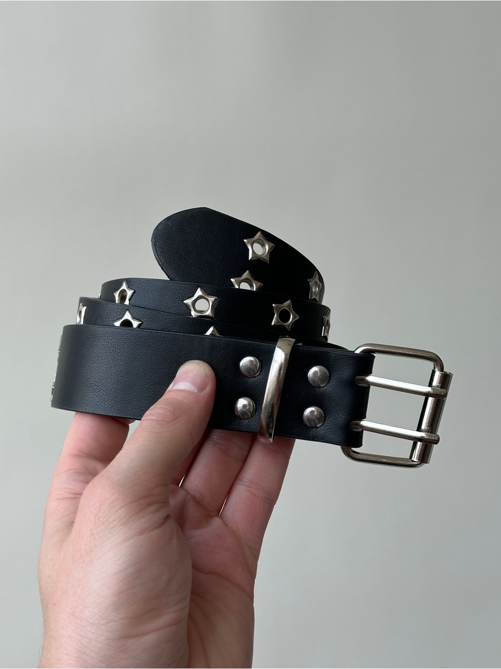 Black Star-Studded Leather Belt for Men - Silver Hardware